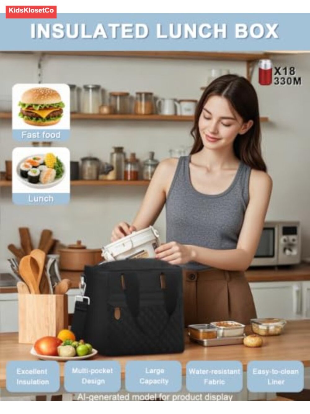 Insulated Lunch Tote Bag with Adjustable Shoulder Strap - Polyester - Picture 2 of 6